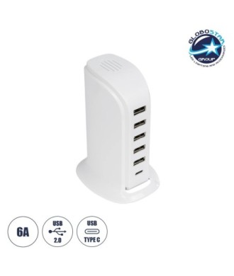 GLOBOSTAR® CHARGER 79704 Πολυφορτιστής DC 5V με 5 x USB 2.0 & 1 x USB-C 30W 6A AC 220-240V IP20 - Λευκό - Μ8 x Π6.5 x Υ11.5cm